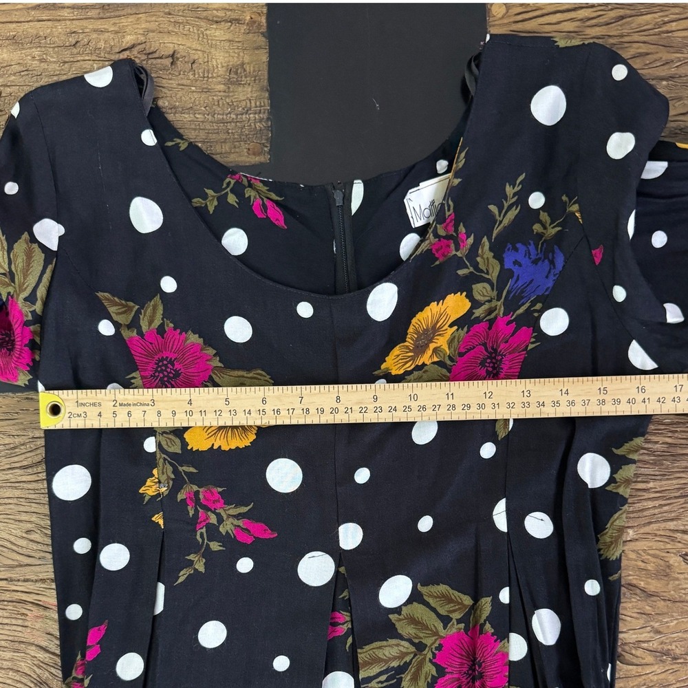 Matty Vintage 90s Black Floral Polka Dot Long Sleeve Maxi Dress Scoop Neck Rayon - Picture 7 of 11